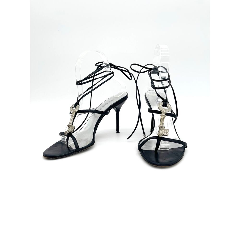 Vintage Dolce & Gabbana Black Crystal Key Ankle Wrap Strappy Thong Sandals IT 38